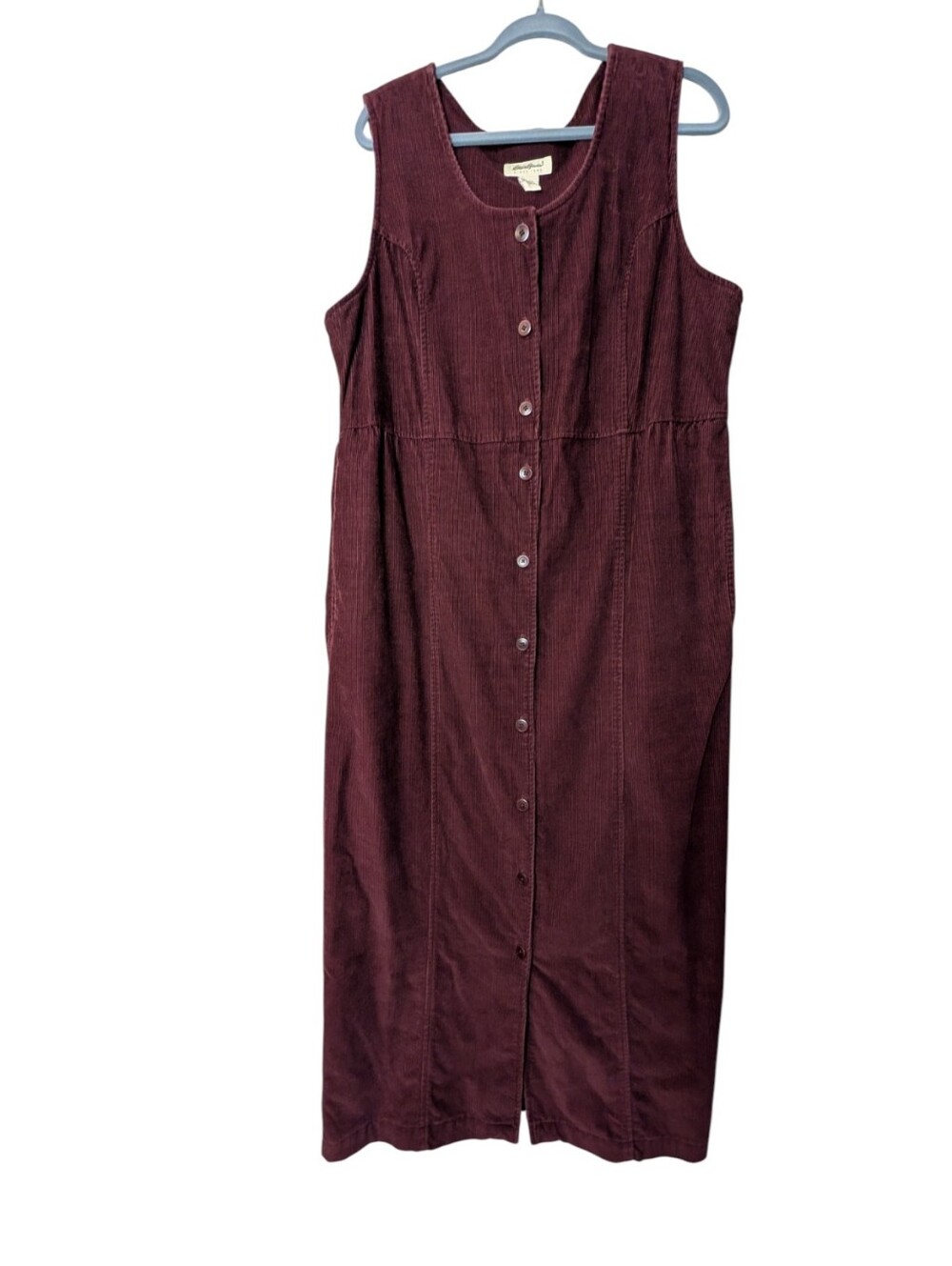 Vintage Eddie Bauer Corduroy Jumper overall Dress Burgundy Button Front Midi LT